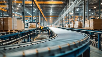 Naklejka premium Conveyor belt transporting packages in a large distribution center during daytime operations