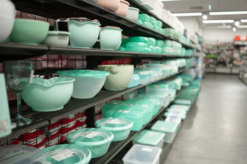 Green Plastic Dishes Are On A Shelf In A Store For Shopping