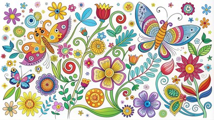 Whimsical colorful vector doodles of flowers, butterflies, and birds create a lively and playful scene on a bright white background with swirling patterns.