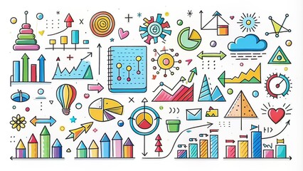 Vibrant colorful hand-drawn infographic elements consisting of icons, arrows, and shapes, arranged in a creative and visually appealing way on a white background.