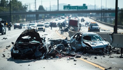 A devastating car accident on a busy highway, showcasing wreckage and emergency response.