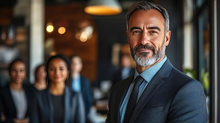 Fototapeta premium Confident businessman in formal attire stands in an office setting, showcasing leadership and professionalism among colleagues.