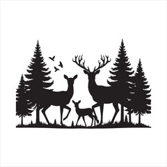 deer family with baby and forest fir trees wildlife silhouette on white background
