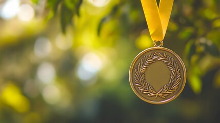 golden medal with laurel wreath on blurred green background