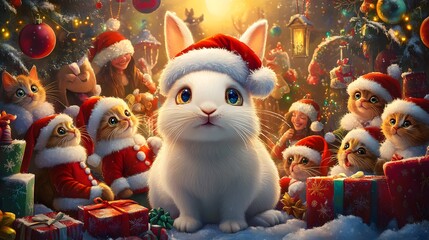 Obraz premium A festive scene of a white rabbit in a Santa hat surrounded by colorful Christmas decorations, big-eyed people smiling, and cheerful kittens wearing Santa suits in a vibrant, snowy scene