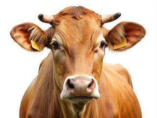 A serene brown cow with a slight furrowed brow and gentle eyes stands against a clean white background, showcasing its natural beauty and innocence.