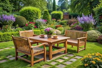 A serene outdoor setting features a beautifully crafted wooden garden furniture set, comprised of a bench, chairs, and table, surrounded by lush greenery and flowers.