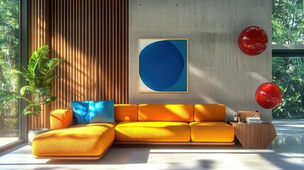 Vibrant modern living room, colorful L-shaped sofa, yellow and orange upholstery, blue throw pillow, wooden slat wall, concrete wall, large window, sunlight and shadows, minimalist decor, potted plant
