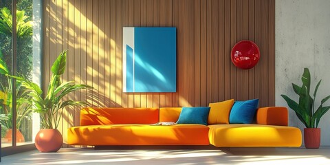 Vibrant modern living room, colorful L-shaped sofa, yellow and orange upholstery, blue throw pillow, wooden slat wall, concrete wall, large window, sunlight and shadows, minimalist decor, potted plant