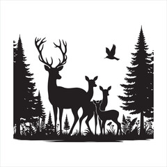 deer family with baby and forest fir trees wildlife silhouette on white background
