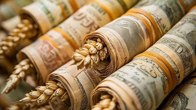 Soaring wheat costs, a scarcity of grains, a food crisis, and starvation are all represented by ripe wheat ears in rolled-up dollar notes. 