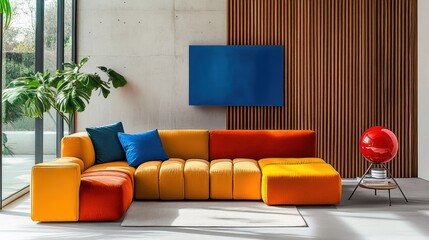 Vibrant modern living room, colorful L-shaped sofa, yellow and orange upholstery, blue throw pillow, wooden slat wall, concrete wall, large window, sunlight and shadows, minimalist decor, potted plant