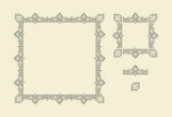 Retro frame with place for text. Vintage decoration elements in geometric style. Line art design for invitations, posters and badges. Vector illustration for marketing and business presentation.