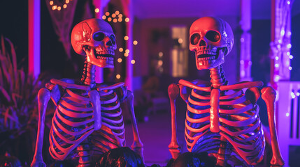 Dancing Skeletons at a Spooky Halloween Party. Halloween skeleton. Skeletons dancing at a Halloween party. Skeletons dance