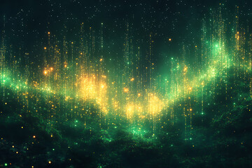 illustration featuring digital abstract technology with space for titles, layered over a forest background. Ideal for tech design concepts.	
