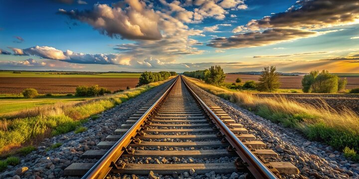 Converging railroad tracks stretch into the distance, creating a striking visual illusion of infinite depth and perfect parallel lines in a rural landscape background.