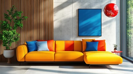 Vibrant modern living room, colorful L-shaped sofa, yellow and orange upholstery, blue throw pillow, wooden slat wall, concrete wall, large window, sunlight and shadows, minimalist decor, potted plant