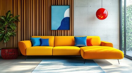 Vibrant modern living room, colorful L-shaped sofa, yellow and orange upholstery, blue throw pillow, wooden slat wall, concrete wall, large window, sunlight and shadows, minimalist decor, potted plant