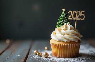 Cupcake with cream and decoration in the form of a Christmas tree with the numbers "2025" on top