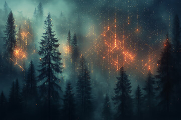 illustration featuring digital abstract technology with space for titles, layered over a forest background. Ideal for tech design concepts.	
