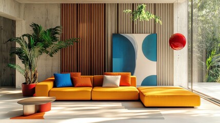 Vibrant modern living room, colorful L-shaped sofa, yellow and orange upholstery, blue throw pillow, wooden slat wall, concrete wall, large window, sunlight and shadows, minimalist decor, potted plant