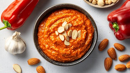 A bowl of garlicky Romesco sauce surrounded by roasted red peppers, garlic cloves, and almonds