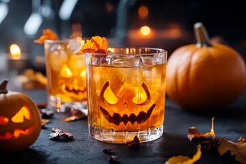 A glass with a pumpkin face on it sits on a table with other pumpkins and leaves. The scene is set in a Halloween party