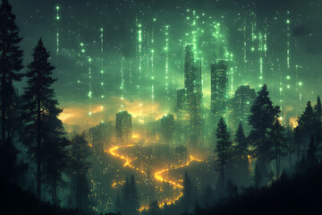 illustration featuring digital abstract technology with space for titles, layered over a forest background. Ideal for tech design concepts.	
