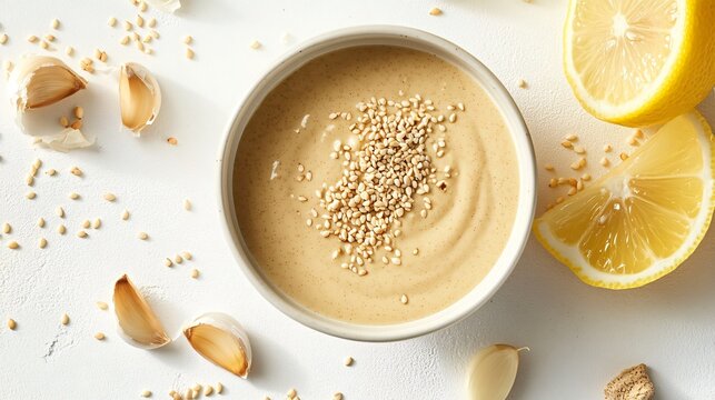 A bowl of tahini sauce surrounded by sesame seeds, lemon wedges, and garlic cloves on a bright white surface
