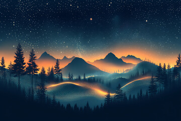 illustration featuring digital abstract technology with space for titles, layered over a forest background. Ideal for tech design concepts.	
