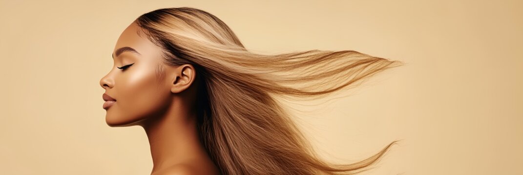 A woman with long hair is shown with her face turned away from the camera. The hair is flowing in the wind, giving the image a sense of movement and freedom. The woman's expression is calm and serene