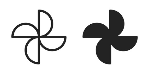 Wind air fun propeller and also paper windmill black isolated illustration set. Vector icons in flat style