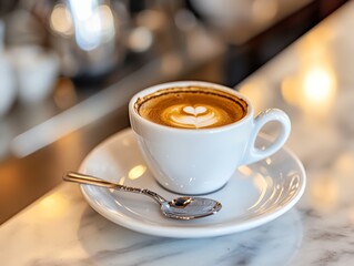 A white coffee cup with a heart design on it sits on a white plate. A spoon is placed next to the cup