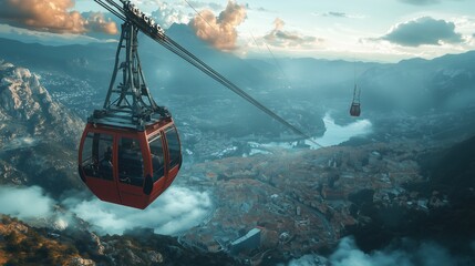 Obraz premium Aerial view of a gondola ride capturing stunning mountain landscapes and valleys during sunset over a scenic town