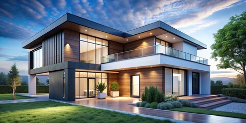 Fototapeta premium Modern minimalist exterior design concept with clean lines, large windows, and sleek rooflines, presented in a precise and detailed architectural illustration blueprint.