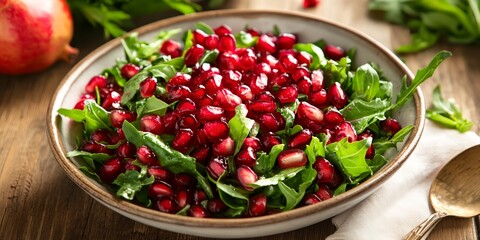 A bowl of salad with red fruit and green vegetables. The bowl is on a wooden table. A spoon is next to the bowl