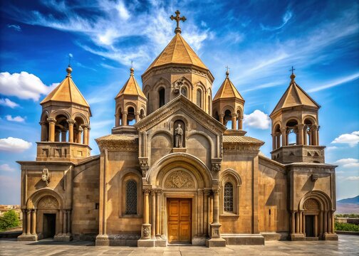 Ornate stone facade of a historic Armenian Apostolic Church with intricate carvings, ornate crosses, and majestic bell towers set against a bright blue sky.