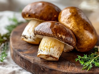 Three mushrooms are sitting on a wooden cutting board. The mushrooms are brown and have a slightly fuzzy appearance. The cutting board is covered in green herbs, giving the scene a fresh