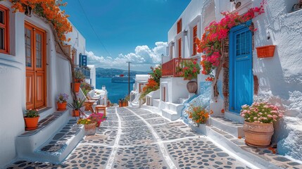 Picturesque Oia, Santorini with Iconic White and Blue Domes, Aegean Sea View – Scenic Summer Day Photo of Cycladic Architecture, Cozy Cafes, and Mediterranean Charm