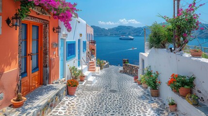 Picturesque Oia, Santorini with Iconic White and Blue Domes, Aegean Sea View – Scenic Summer Day Photo of Cycladic Architecture, Cozy Cafes, and Mediterranean Charm