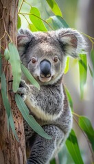 Obraz premium Close-Up of a Koala Clinging to a Eucalyptus Tree with Lush Green Leaves in the Background