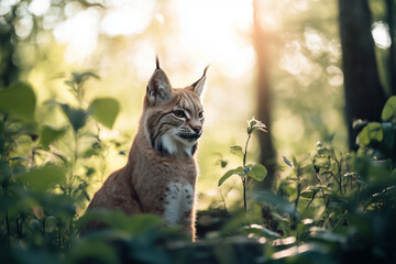 Obraz premium An Eurasian lynx sitting near a tree in an autumn forest