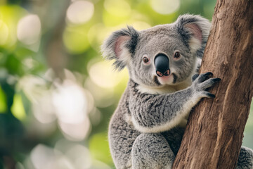 Fototapeta premium Close-up of a gray koala sitting on a tree