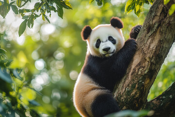 Obraz premium Close-up of a cute panda bear sitting on a tree