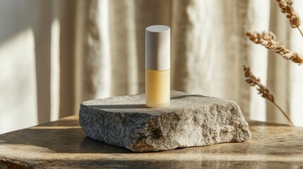 A bottle of lotion sits on a stone slab