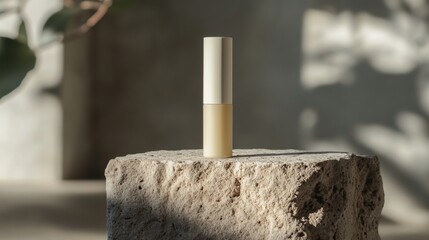 A small bottle of lotion sits on a stone surface