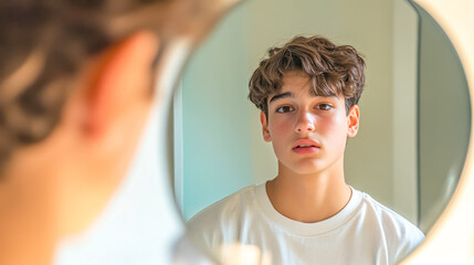 Teenage boy looking at reflection in mirror with neutral expression