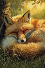 Fototapeta premium Peaceful Red Fox Resting in a Sunlit Grassy Meadow Under a Tree - Tranquil Wildlife Scene for Wall Art