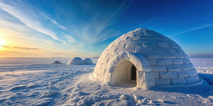 Traditional Inuit igloo made of blocks of snow and ice stands alone in the frozen Arctic tundra landscape under a bright blue winter sky.