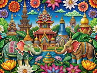 Fototapeta premium Vibrant illustration of Thailand's iconic symbols, including elephants, temples, and lotus flowers, blended with traditional Thai patterns and colors in a whimsical design.